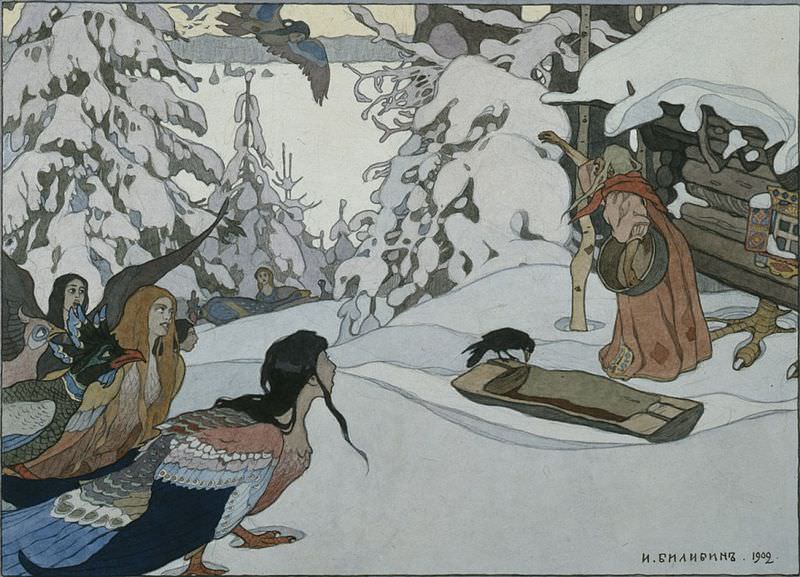 Baba Yaga, Hütte auf Hühnerbeinen, Vogelmaiden (Ivan Bilibin)